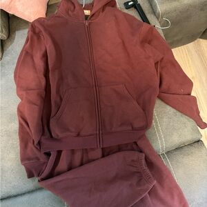 SKIMS Burgundy Sweatpants and Zip Up Set